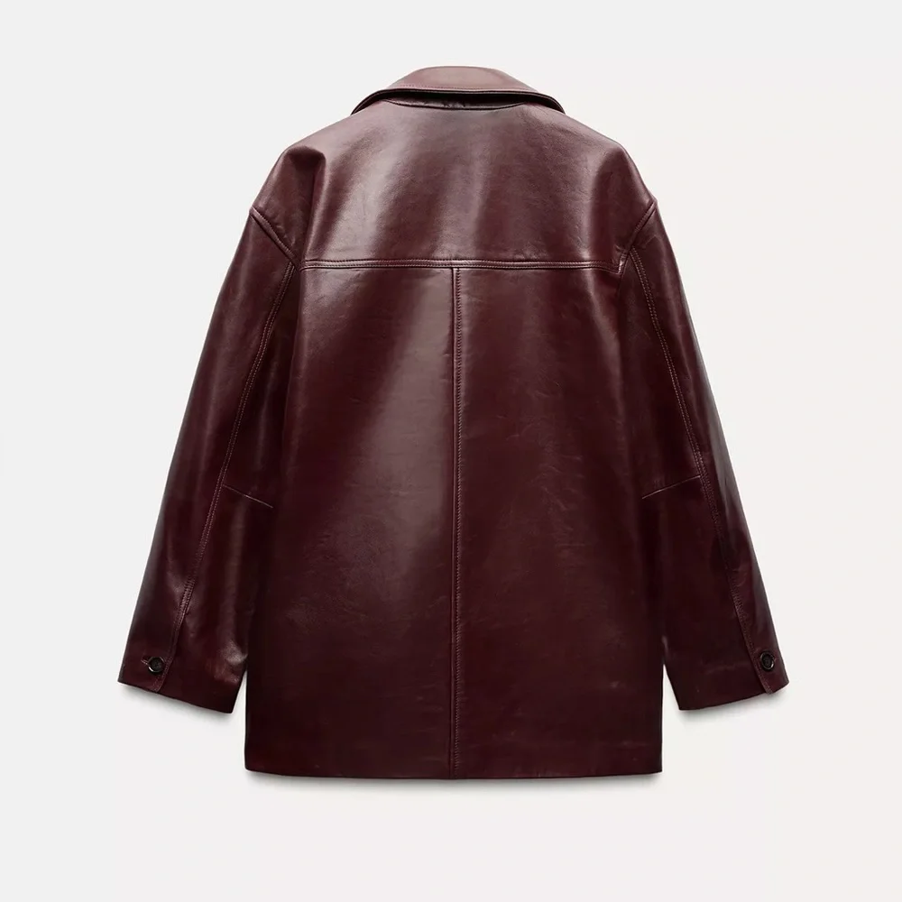 ZARA $349 100% Sheep Leather Burgundy Button Down Womens Jacket M